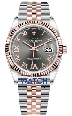 Buy this new Rolex Datejust 36mm Stainless Steel and Rose Gold 126231 Dark Rhodium VI IX Roman Jubilee ladies watch for the discount price of £15,300.00. UK Retailer.