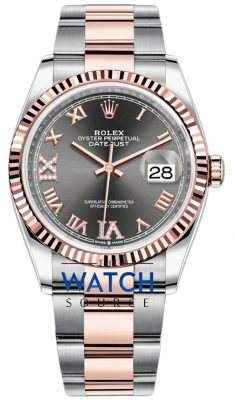 Buy this new Rolex Datejust 36mm Stainless Steel and Rose Gold 126231 Dark Rhodium VI IX Roman Oyster ladies watch for the discount price of £15,100.00. UK Retailer.