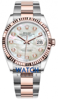 Buy this new Rolex Datejust 36mm Stainless Steel and Rose Gold 126231 MOP Diamond Oyster ladies watch for the discount price of £15,400.00. UK Retailer.