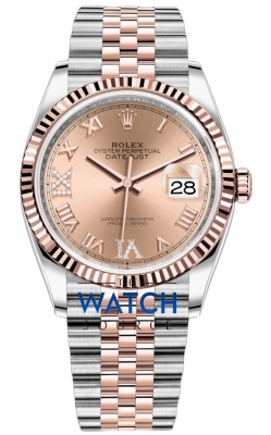 Buy this new Rolex Datejust 36mm Stainless Steel and Rose Gold 126231 Rose VI IX Roman Jubilee ladies watch for the discount price of £15,300.00. UK Retailer.