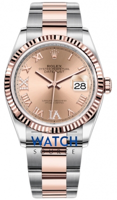 Buy this new Rolex Datejust 36mm Stainless Steel and Rose Gold 126231 Rose VI IX Roman Oyster ladies watch for the discount price of £15,100.00. UK Retailer.