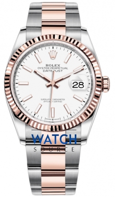 Buy this new Rolex Datejust 36mm Stainless Steel and Rose Gold 126231 White Index Oyster ladies watch for the discount price of £12,700.00. UK Retailer.