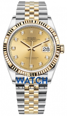 Buy this new Rolex Datejust 36mm Stainless Steel and Yellow Gold 126233 Champagne Diamond Jubilee ladies watch for the discount price of £14,500.00. UK Retailer.