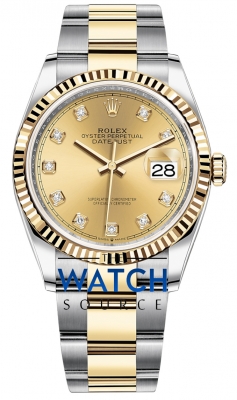 Buy this new Rolex Datejust 36mm Stainless Steel and Yellow Gold 126233 Champagne Diamond Oyster ladies watch for the discount price of £13,900.00. UK Retailer.