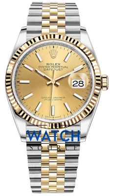Buy this new Rolex Datejust 36mm Stainless Steel and Yellow Gold 126233 Champagne Index Jubilee ladies watch for the discount price of £12,300.00. UK Retailer.