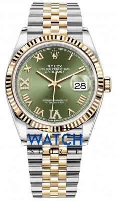 Buy this new Rolex Datejust 36mm Stainless Steel and Yellow Gold 126233 Olive Green VI IX Roman Jubilee ladies watch for the discount price of £15,500.00. UK Retailer.