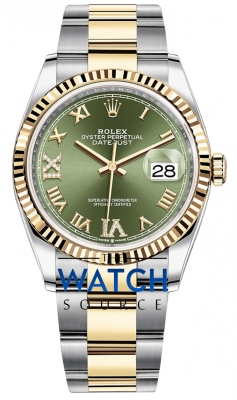 Buy this new Rolex Datejust 36mm Stainless Steel and Yellow Gold 126233 Olive Green VI IX Roman Oyster ladies watch for the discount price of £15,250.00. UK Retailer.