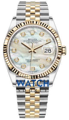 Buy this new Rolex Datejust 36mm Stainless Steel and Yellow Gold 126233 MOP Diamond Jubilee ladies watch for the discount price of £14,900.00. UK Retailer.