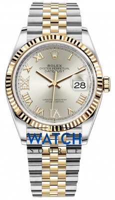 Buy this new Rolex Datejust 36mm Stainless Steel and Yellow Gold 126233 Silver VI IX Roman Jubilee ladies watch for the discount price of £14,900.00. UK Retailer.