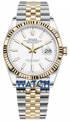 Buy this new Rolex Datejust 36mm Stainless Steel and Yellow Gold 126233 White Index Jubilee ladies watch for the discount price of £12,300.00. UK Retailer.
