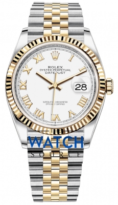 Buy this new Rolex Datejust 36mm Stainless Steel and Yellow Gold 126233 White Roman Jubilee ladies watch for the discount price of £12,300.00. UK Retailer.