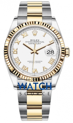 Buy this new Rolex Datejust 36mm Stainless Steel and Yellow Gold 126233 White Roman Oyster ladies watch for the discount price of £11,900.00. UK Retailer.