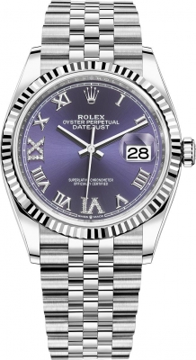 Buy this new Rolex Datejust 36mm Stainless Steel 126234 Aubergine Roman VI IX Jubilee midsize watch for the discount price of £12,950.00. UK Retailer.