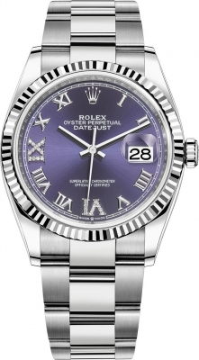 Buy this new Rolex Datejust 36mm Stainless Steel 126234 Aubergine Roman VI IX Oyster midsize watch for the discount price of £12,900.00. UK Retailer.