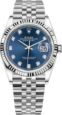 Buy this new Rolex Datejust 36mm Stainless Steel 126234 Blue Diamond Jubilee midsize watch for the discount price of £12,400.00. UK Retailer.