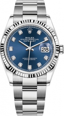 Buy this new Rolex Datejust 36mm Stainless Steel 126234 Blue Diamond Oyster midsize watch for the discount price of £12,300.00. UK Retailer.