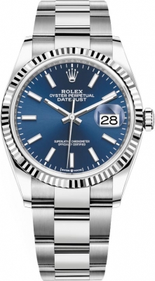 Buy this new Rolex Datejust 36mm Stainless Steel 126234 Blue Index Oyster midsize watch for the discount price of £10,100.00. UK Retailer.