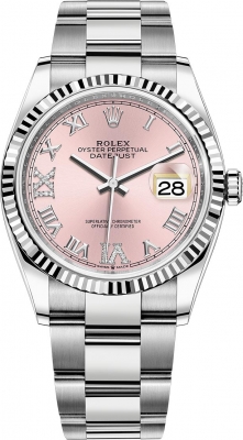 Buy this new Rolex Datejust 36mm Stainless Steel 126234 Pink Roman VI IX Oyster midsize watch for the discount price of £12,850.00. UK Retailer.