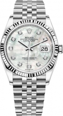 Buy this new Rolex Datejust 36mm Stainless Steel 126234 White MOP Diamond Jubilee midsize watch for the discount price of £13,300.00. UK Retailer.