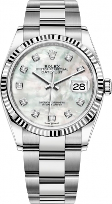 Buy this new Rolex Datejust 36mm Stainless Steel 126234 White MOP Diamond Oyster midsize watch for the discount price of £13,300.00. UK Retailer.