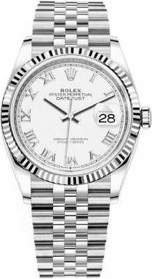 Buy this new Rolex Datejust 36mm Stainless Steel 126234 White Roman Jubilee midsize watch for the discount price of £10,300.00. UK Retailer.