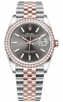 Buy this new Rolex Datejust 36mm Stainless Steel and Rose Gold 126281RBR Dark Rhodium Index Jubilee ladies watch for the discount price of £19,300.00. UK Retailer.