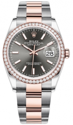Buy this new Rolex Datejust 36mm Stainless Steel and Rose Gold 126281RBR Dark Rhodium Index Oyster ladies watch for the discount price of £18,600.00. UK Retailer.