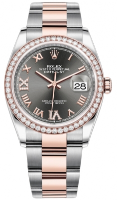 Buy this new Rolex Datejust 36mm Stainless Steel and Rose Gold 126281RBR Dark Rhodium VI IX Roman Oyster ladies watch for the discount price of £20,900.00. UK Retailer.