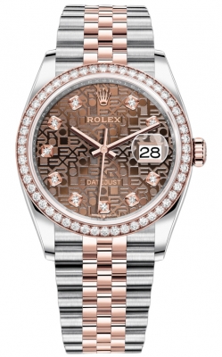 Buy this new Rolex Datejust 36mm Stainless Steel and Rose Gold 126281RBR Jubilee Chocolate Diamond Jubilee ladies watch for the discount price of £21,400.00. UK Retailer.