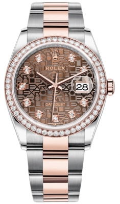 Buy this new Rolex Datejust 36mm Stainless Steel and Rose Gold 126281RBR Jubilee Chocolate Diamond Oyster ladies watch for the discount price of £20,900.00. UK Retailer.