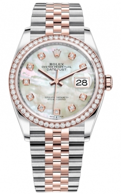Buy this new Rolex Datejust 36mm Stainless Steel and Rose Gold 126281RBR MOP Diamond Jubilee ladies watch for the discount price of £21,500.00. UK Retailer.
