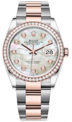 Buy this new Rolex Datejust 36mm Stainless Steel and Rose Gold 126281RBR MOP Diamond Oyster ladies watch for the discount price of £21,300.00. UK Retailer.