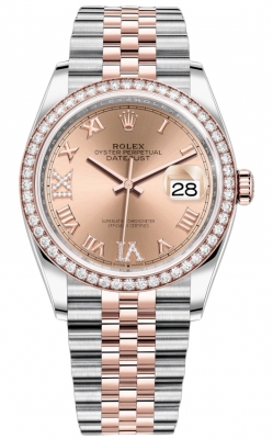 Buy this new Rolex Datejust 36mm Stainless Steel and Rose Gold 126281RBR Rose VI IX Roman Jubilee ladies watch for the discount price of £21,500.00. UK Retailer.