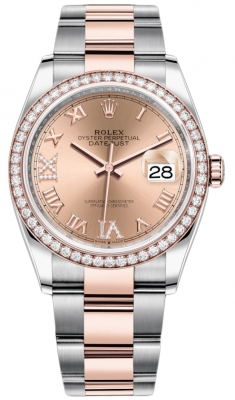 Buy this new Rolex Datejust 36mm Stainless Steel and Rose Gold 126281RBR Rose VI IX Roman Oyster ladies watch for the discount price of £20,900.00. UK Retailer.