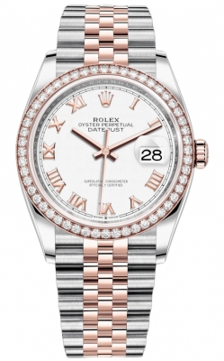 Buy this new Rolex Datejust 36mm Stainless Steel and Rose Gold 126281RBR White Roman Jubilee ladies watch for the discount price of £19,300.00. UK Retailer.