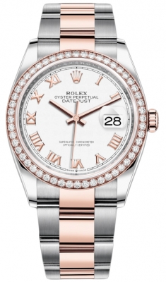 Buy this new Rolex Datejust 36mm Stainless Steel and Rose Gold 126281RBR White Roman Oyster ladies watch for the discount price of £18,600.00. UK Retailer.