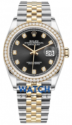 Buy this new Rolex Datejust 36mm Stainless Steel and Yellow Gold 126283RBR Black Diamond Jubilee ladies watch for the discount price of £20,600.00. UK Retailer.