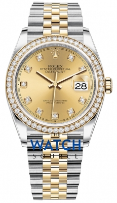 Buy this new Rolex Datejust 36mm Stainless Steel and Yellow Gold 126283RBR Champagne Diamond Jubilee ladies watch for the discount price of £20,600.00. UK Retailer.