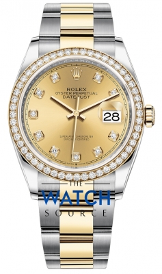 Buy this new Rolex Datejust 36mm Stainless Steel and Yellow Gold 126283RBR Champagne Diamond Oyster ladies watch for the discount price of £19,900.00. UK Retailer.