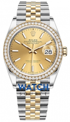 Buy this new Rolex Datejust 36mm Stainless Steel and Yellow Gold 126283RBR Champagne Index Jubilee ladies watch for the discount price of £18,700.00. UK Retailer.