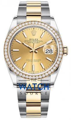 Buy this new Rolex Datejust 36mm Stainless Steel and Yellow Gold 126283RBR Champagne Index Oyster ladies watch for the discount price of £18,100.00. UK Retailer.