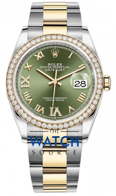 Buy this new Rolex Datejust 36mm Stainless Steel and Yellow Gold 126283RBR Olive Green VI IX Roman Oyster ladies watch for the discount price of £20,400.00. UK Retailer.