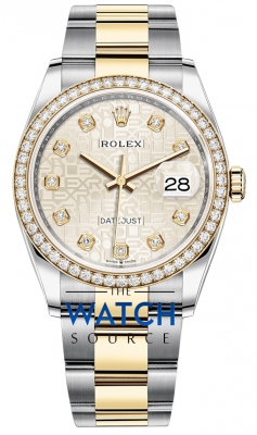 Buy this new Rolex Datejust 36mm Stainless Steel and Yellow Gold 126283RBR Jubilee Silver Diamond Oyster ladies watch for the discount price of £19,900.00. UK Retailer.