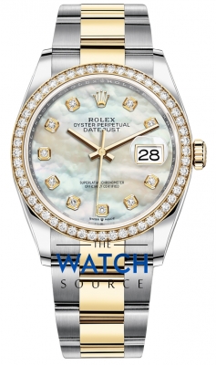 Buy this new Rolex Datejust 36mm Stainless Steel and Yellow Gold 126283RBR MOP Diamond Oyster ladies watch for the discount price of £20,400.00. UK Retailer.