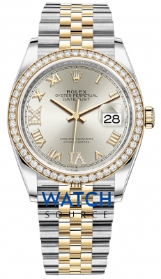 Buy this new Rolex Datejust 36mm Stainless Steel and Yellow Gold 126283RBR Silver VI IX Roman Jubilee ladies watch for the discount price of £20,950.00. UK Retailer.