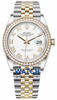 Buy this new Rolex Datejust 36mm Stainless Steel and Yellow Gold 126283RBR White Roman Jubilee ladies watch for the discount price of £18,700.00. UK Retailer.