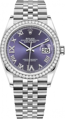 Buy this new Rolex Datejust 36mm Stainless Steel 126284rbr Aubergine Roman VI IX Jubilee midsize watch for the discount price of £18,250.00. UK Retailer.