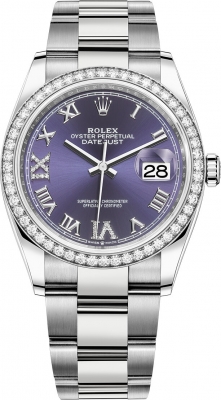 Buy this new Rolex Datejust 36mm Stainless Steel 126284rbr Aubergine Roman VI IX Oyster midsize watch for the discount price of £18,050.00. UK Retailer.