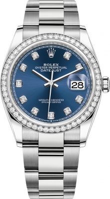 Buy this new Rolex Datejust 36mm Stainless Steel 126284rbr Blue Diamond Oyster midsize watch for the discount price of £17,600.00. UK Retailer.