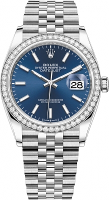 Buy this new Rolex Datejust 36mm Stainless Steel 126284rbr Blue Index Jubilee midsize watch for the discount price of £15,900.00. UK Retailer.